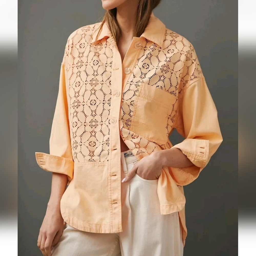 Anthropologie Peach Crochet-Panel Button-Down Shirt